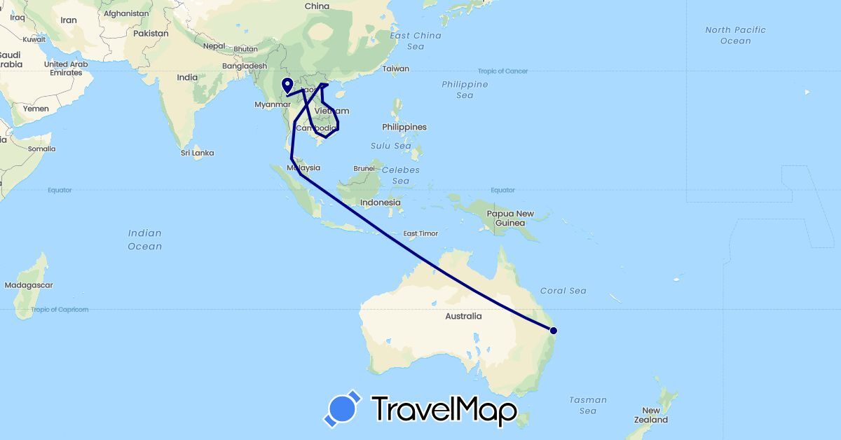 TravelMap itinerary: driving in Australia, Cambodia, Laos, Malaysia, Thailand, Vietnam (Asia, Oceania)