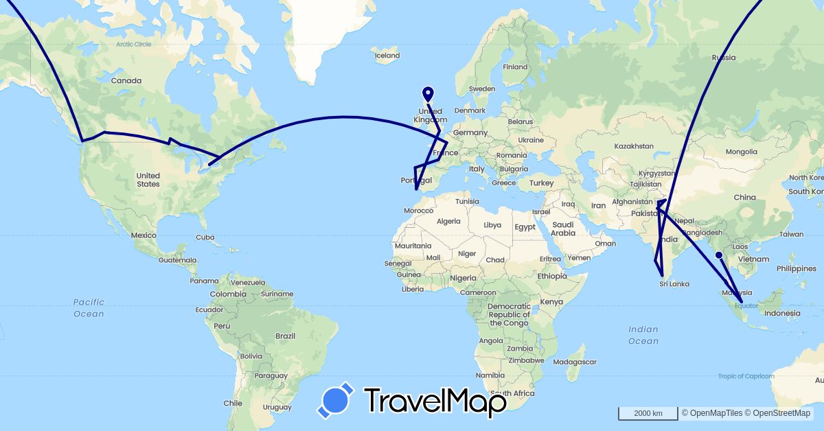 TravelMap itinerary: driving in Canada, Spain, France, United Kingdom, India, Myanmar (Burma), Portugal, Singapore, Thailand (Asia, Europe, North America)