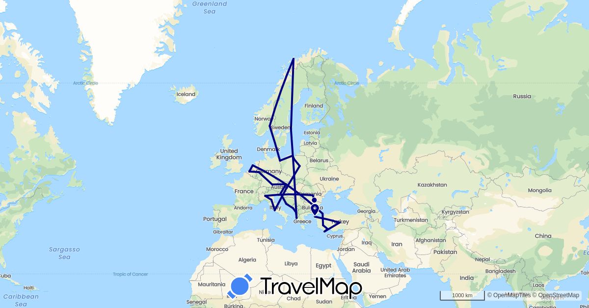 TravelMap itinerary: driving in Albania, Austria, Belgium, Germany, Croatia, Italy, Montenegro, Netherlands, Norway, Poland, Romania, Sweden, Slovenia, Turkey (Asia, Europe)