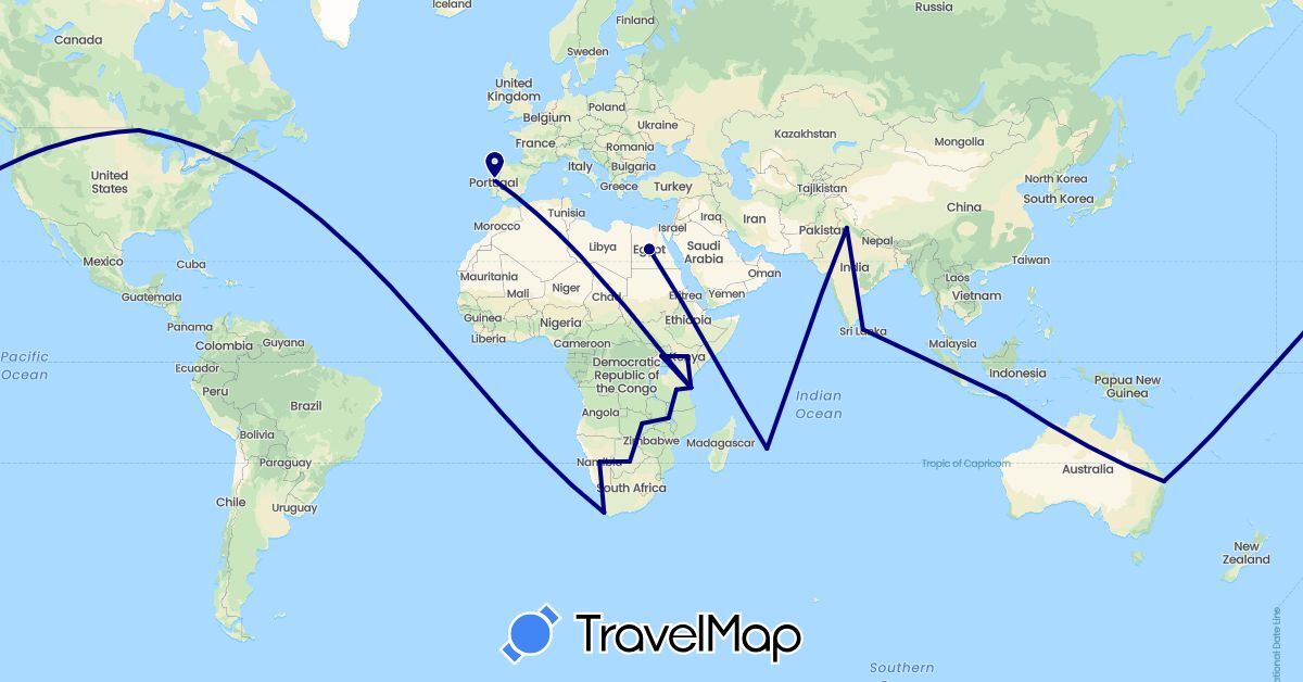 TravelMap itinerary: driving in Australia, Botswana, Canada, Egypt, Indonesia, India, Kenya, Sri Lanka, Mauritius, Malawi, Namibia, Portugal, Tanzania, Uganda, South Africa, Zambia (Africa, Asia, Europe, North America, Oceania)