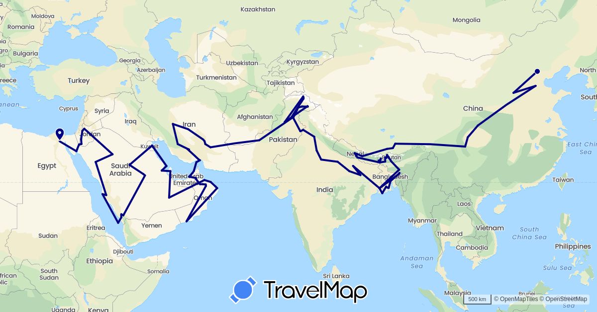 TravelMap itinerary: driving in United Arab Emirates, Bangladesh, Bahrain, Bhutan, China, Egypt, India, Iran, Jordan, Kuwait, Nepal, Oman, Pakistan, Qatar, Saudi Arabia (Africa, Asia)