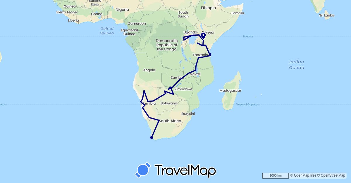 TravelMap itinerary: driving in Botswana, Kenya, Malawi, Namibia, Tanzania, Uganda, South Africa, Zambia (Africa)